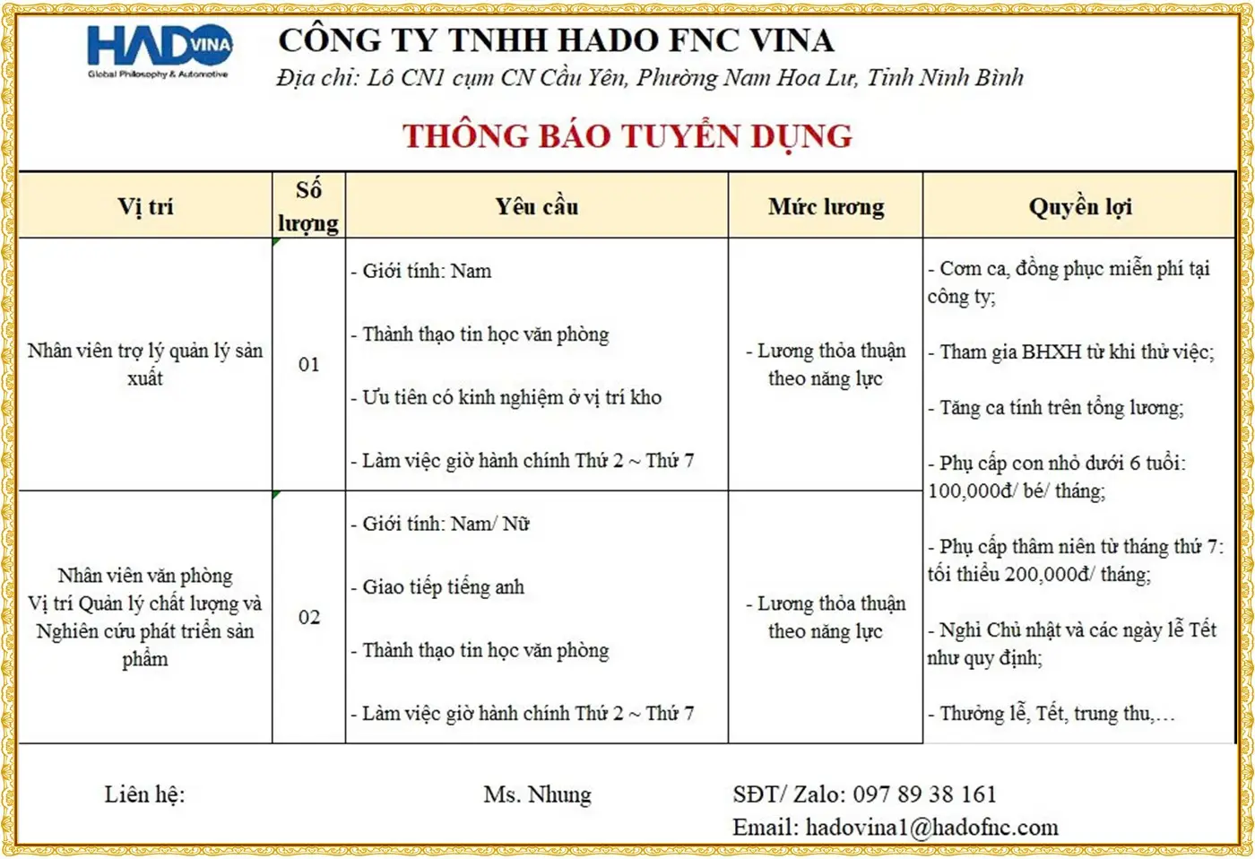 Ninh bình tuyển trợ lí quản lí sản xuất