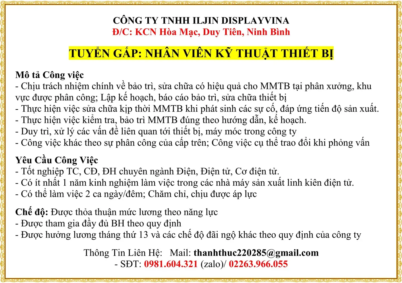 TUYỂN GẤP: NHÂN VIÊN KỸ THUẬT THIẾT BỊ