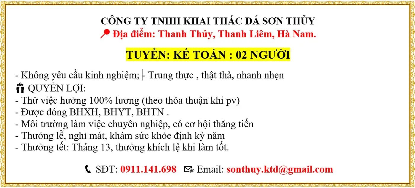 Ninh Bình TUYỂN KẾ TOÁN : 02 NGƯỜI