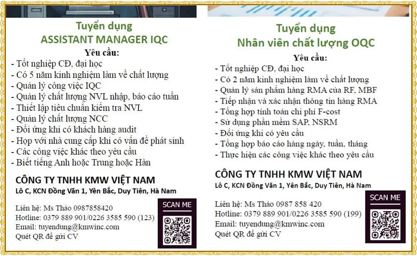 Ninh Bình tuyển nhân viên IQC