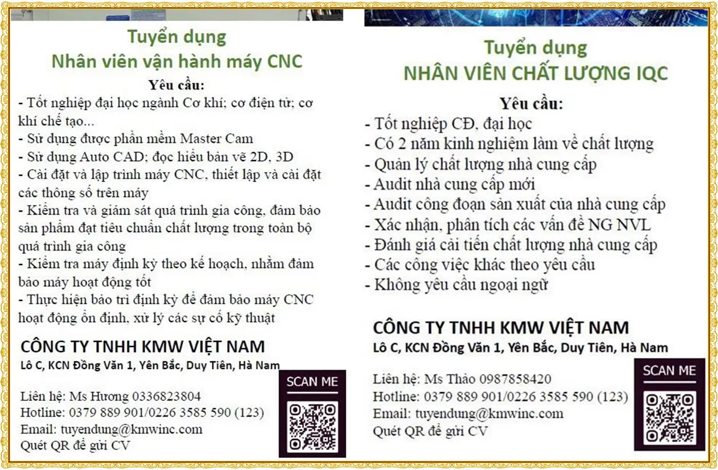 Ninh Bình tuyển nhân viên CNC