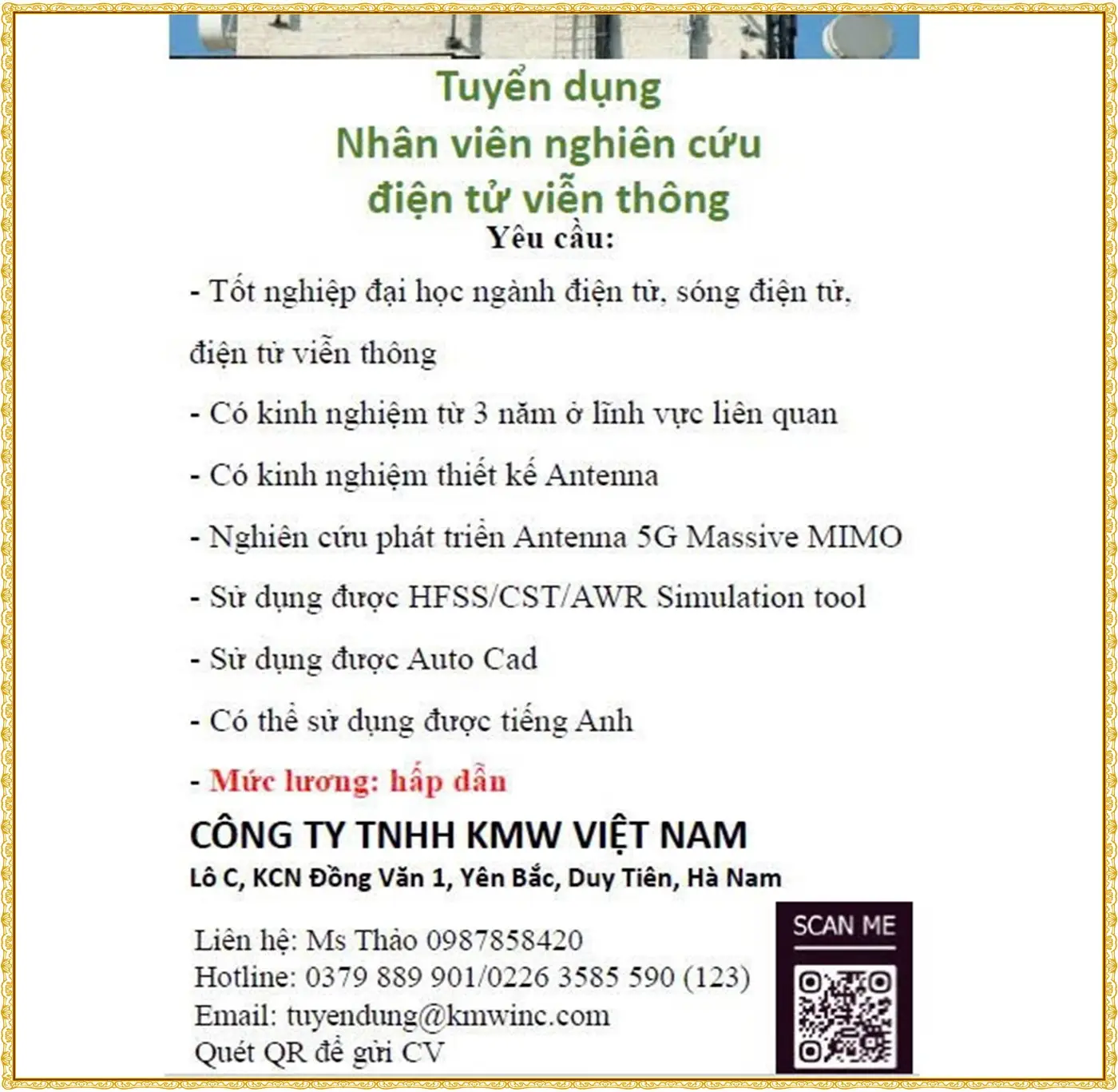 Nainh Bình tuyển nhân viên nghiên cứu điện tử viễn thông