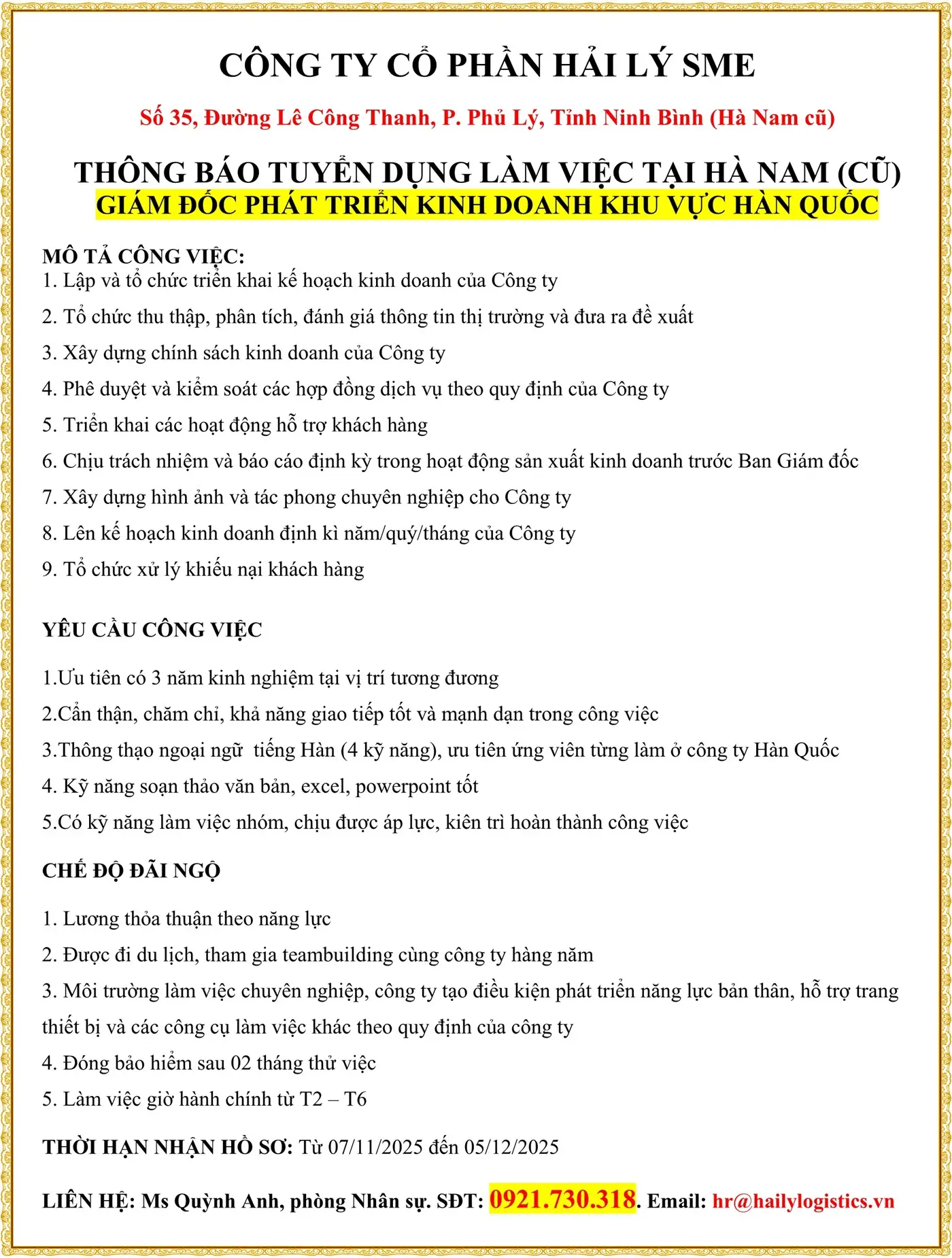 TUYỂN GIÁM ĐỐC PHÁT TRIỂN KINH DOANH KHU VỰC HÀN QUỐC