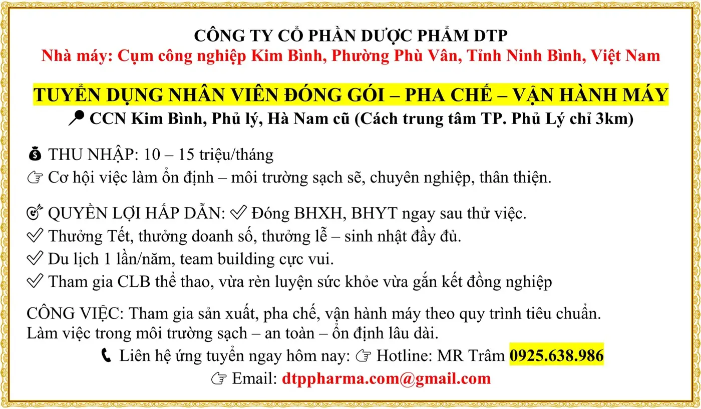 TUYỂN DỤNG NHÂN VIÊN ĐÓNG GÓI – PHA CHẾ – VẬN HÀNH MÁY 