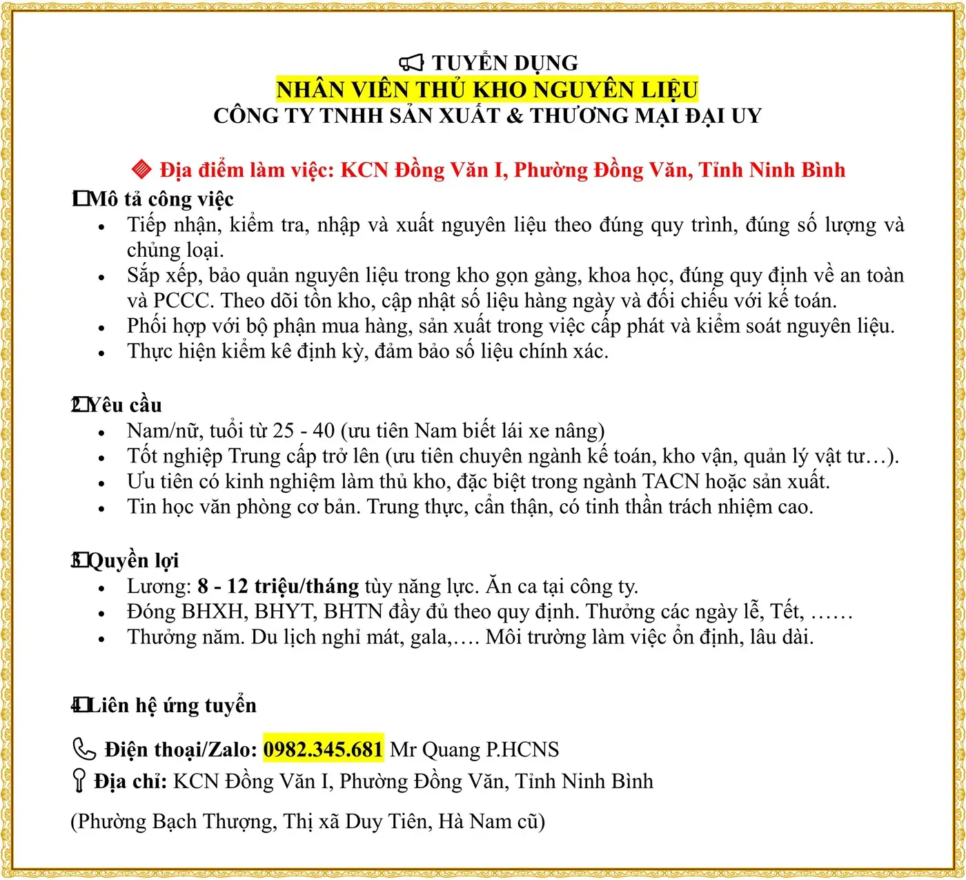 TUYỂN DỤNG NHÂN VIÊN THỦ KHO NGUYÊN LIỆU tại KCN Đồng Văn