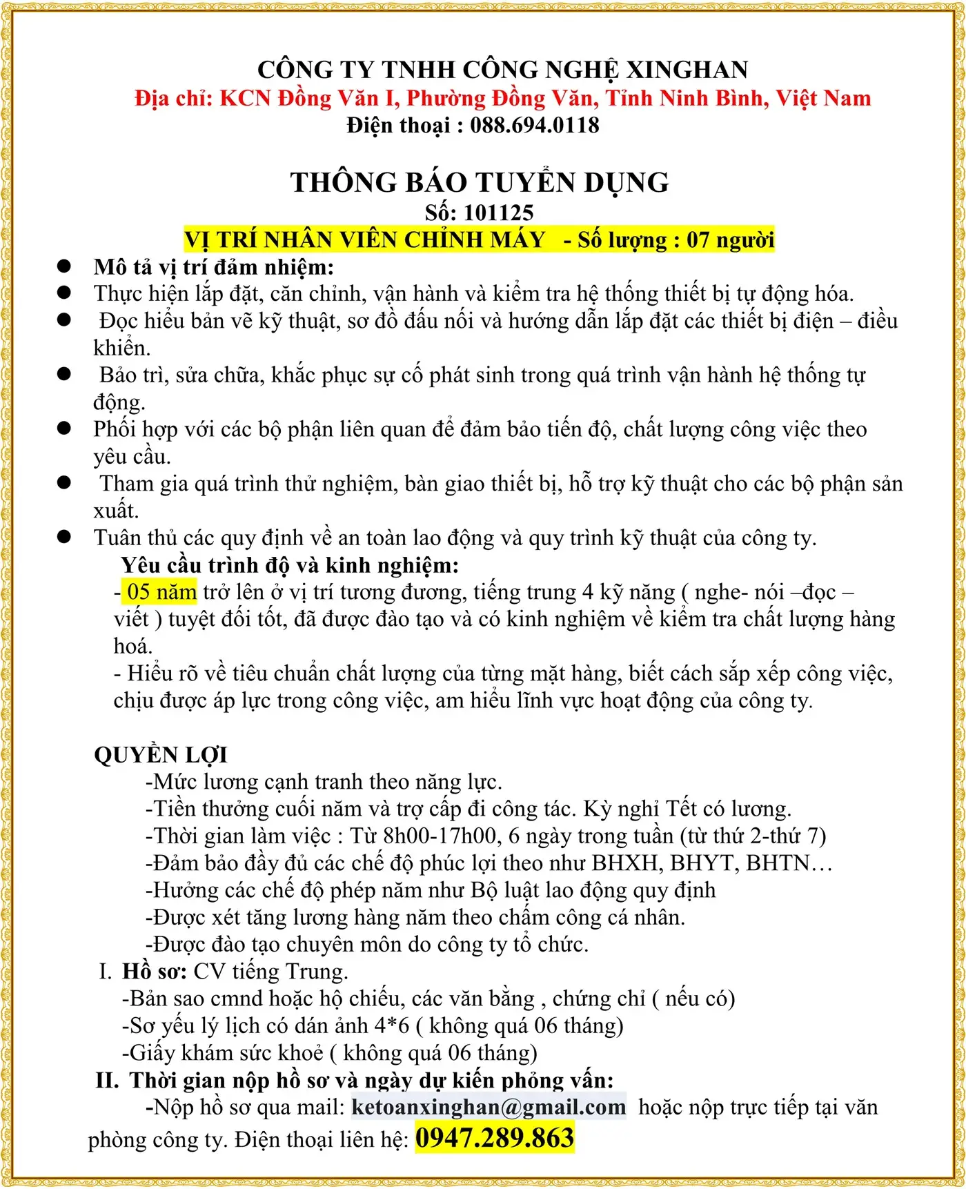 TUYỂN NHÂN VIÊN CHỈNH MÁY   - Số lượng : 07 người