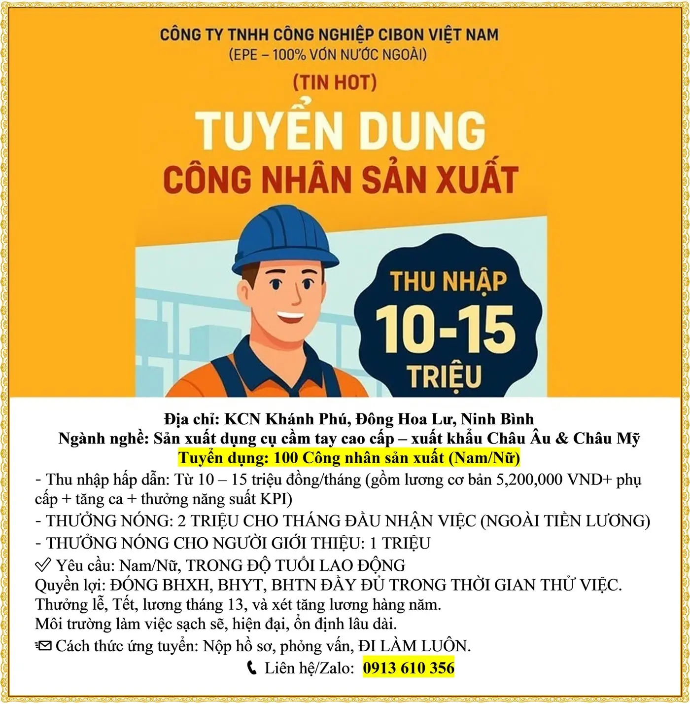 Hải Phòng Tuyển dụng: 100 Công nhân sản xuất (Nam/Nữ)