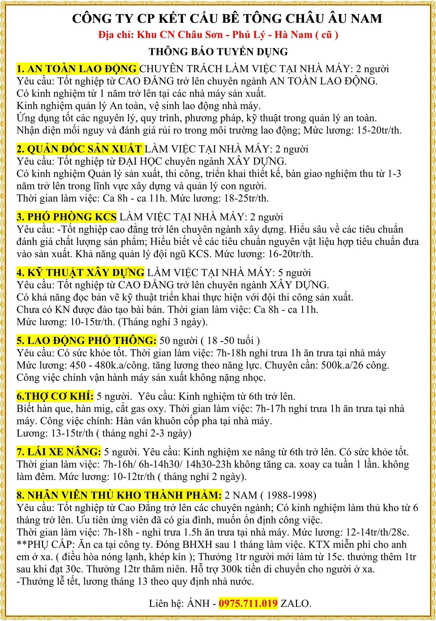 tuyển QUẢN ĐỐC SẢN XUẤT LÀM VIỆC TẠI NHÀ MÁY