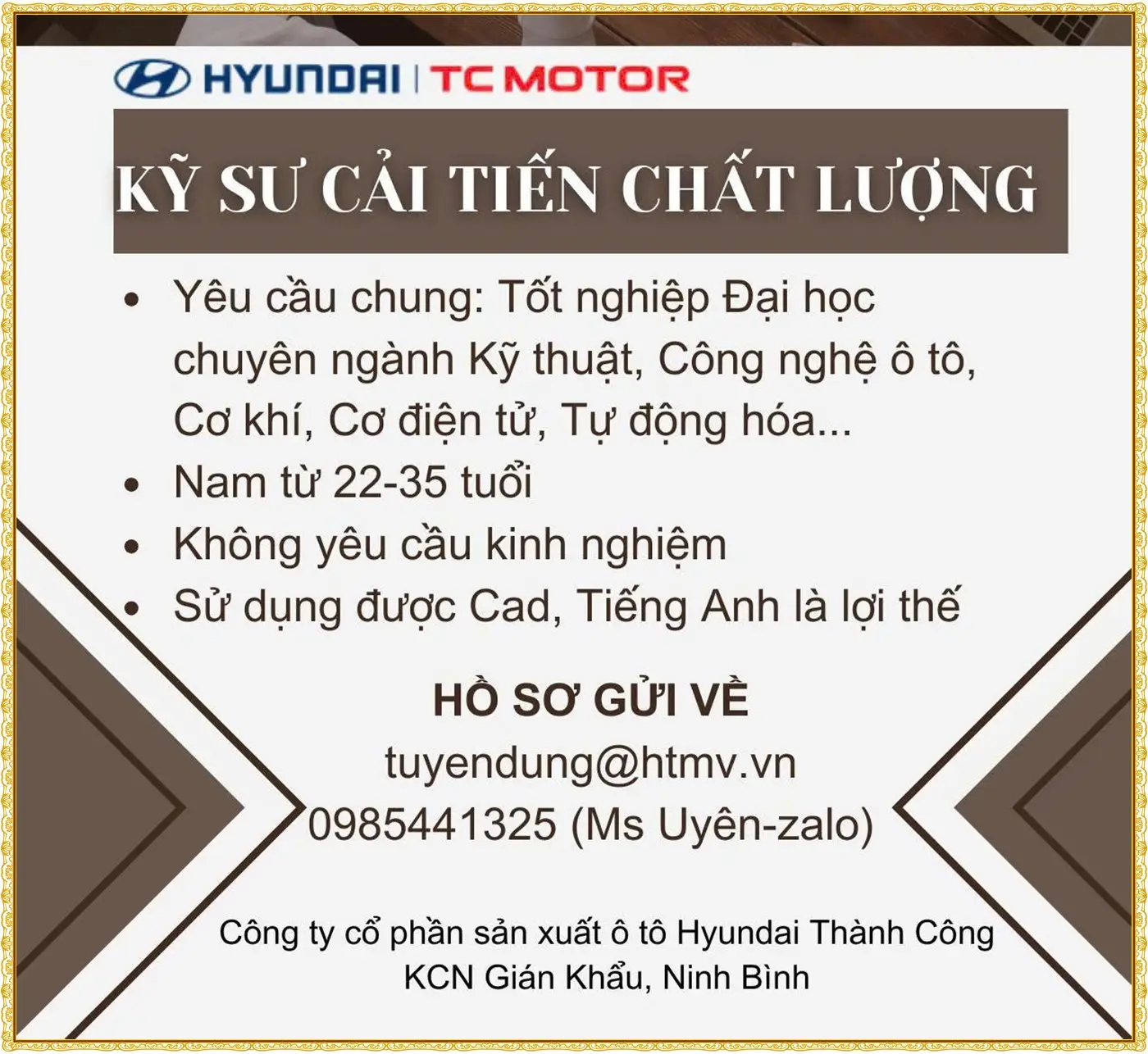 Tuyển kỹ sư cải tiến chất lượng tại Ninh bình