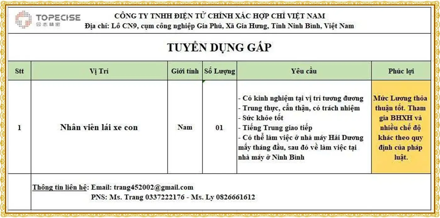Tuyển nhân viên lái xe con tại Ninh Bình