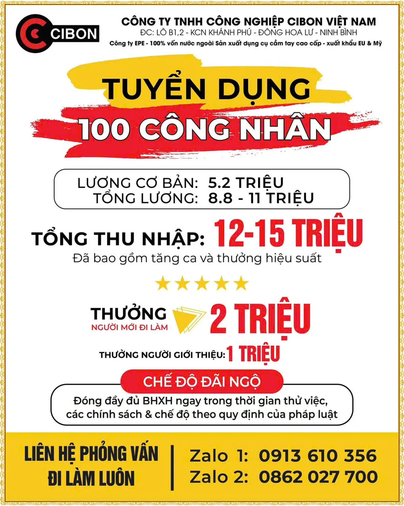 Ninh Bình tuyển 100 công nhân