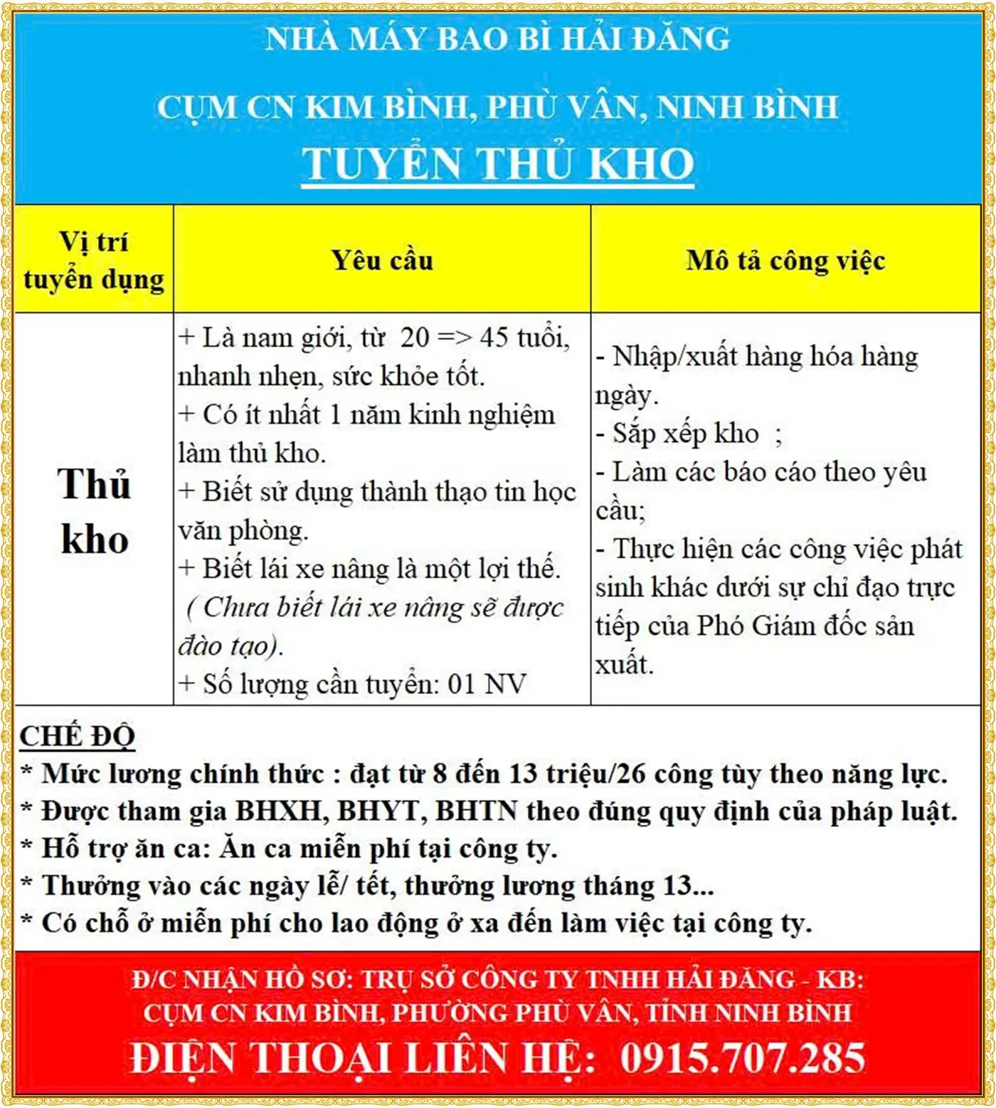 Ninh Bình tuyển gấp thủ kho nhé
