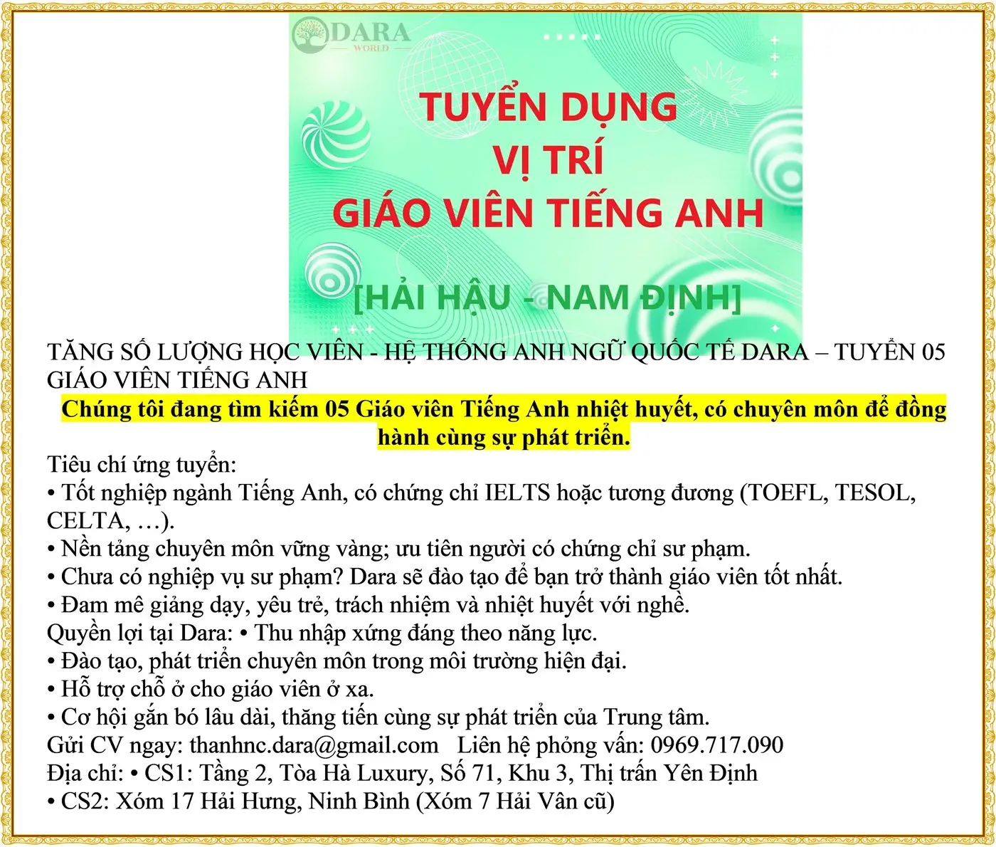 Chúng tôi đang tìm kiếm 05 Giáo viên Tiếng Anh nhiệt huyết