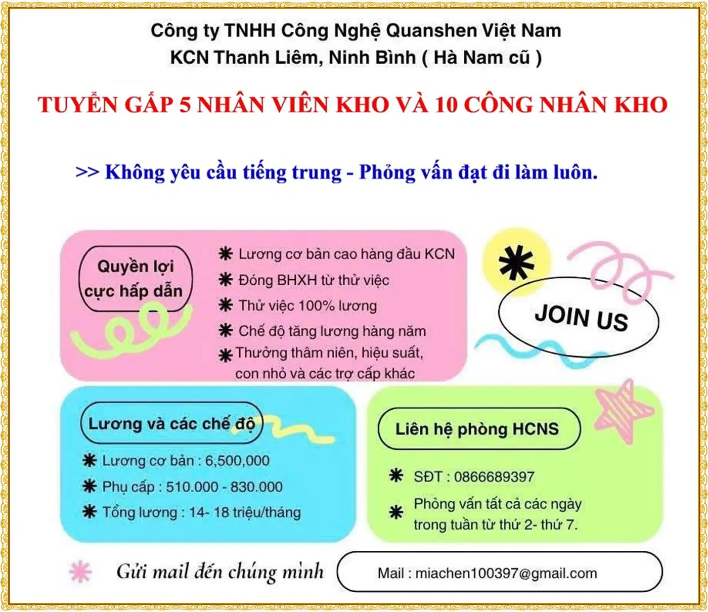 TUYỂN GẤP 5 NHÂN VIÊN KHO VÀ 10 CÔNG NHÂN KHO