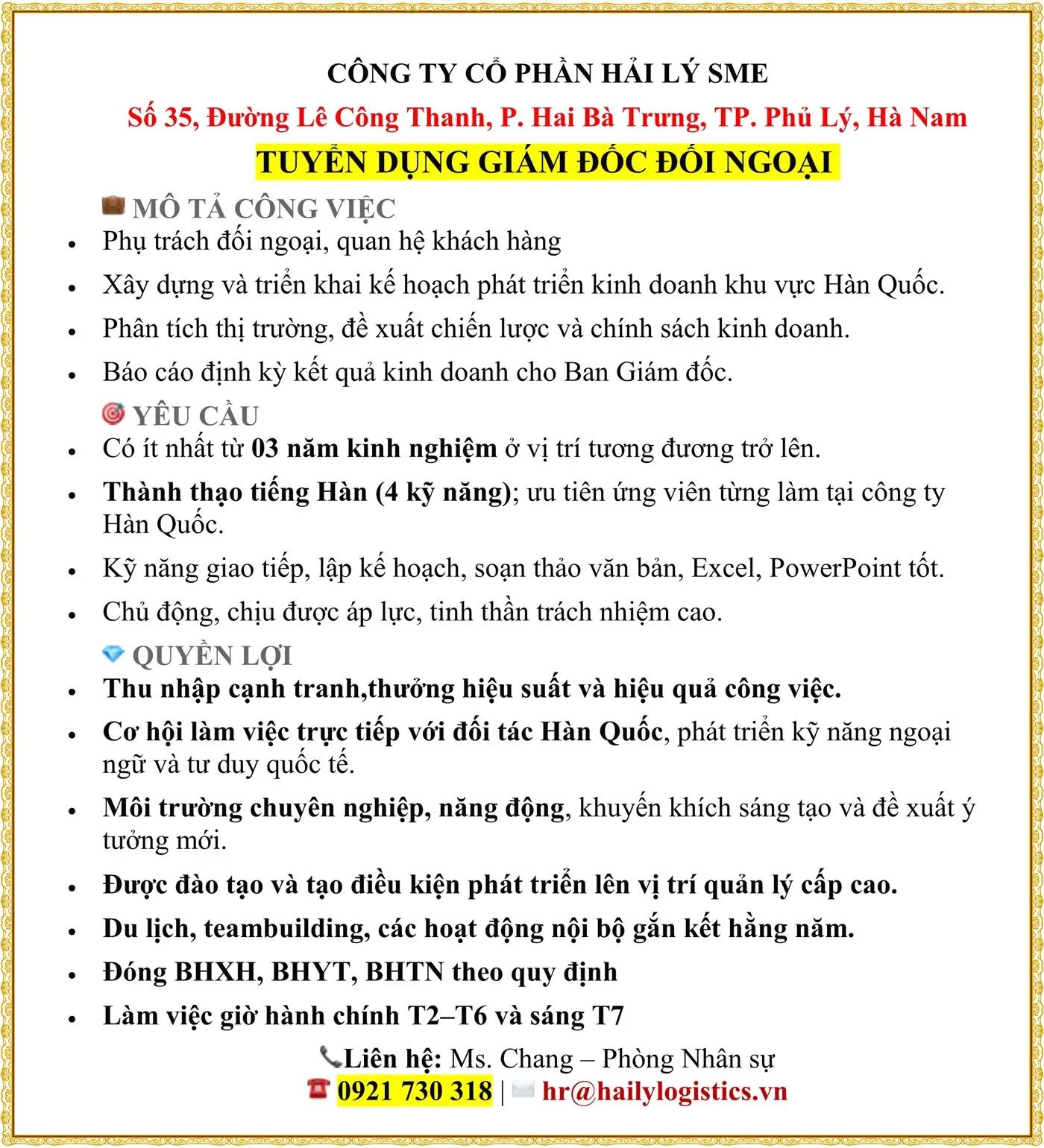 TUYỂN DỤNG GIÁM ĐỐC ĐỐI NGOẠI  tại Ninh Bình