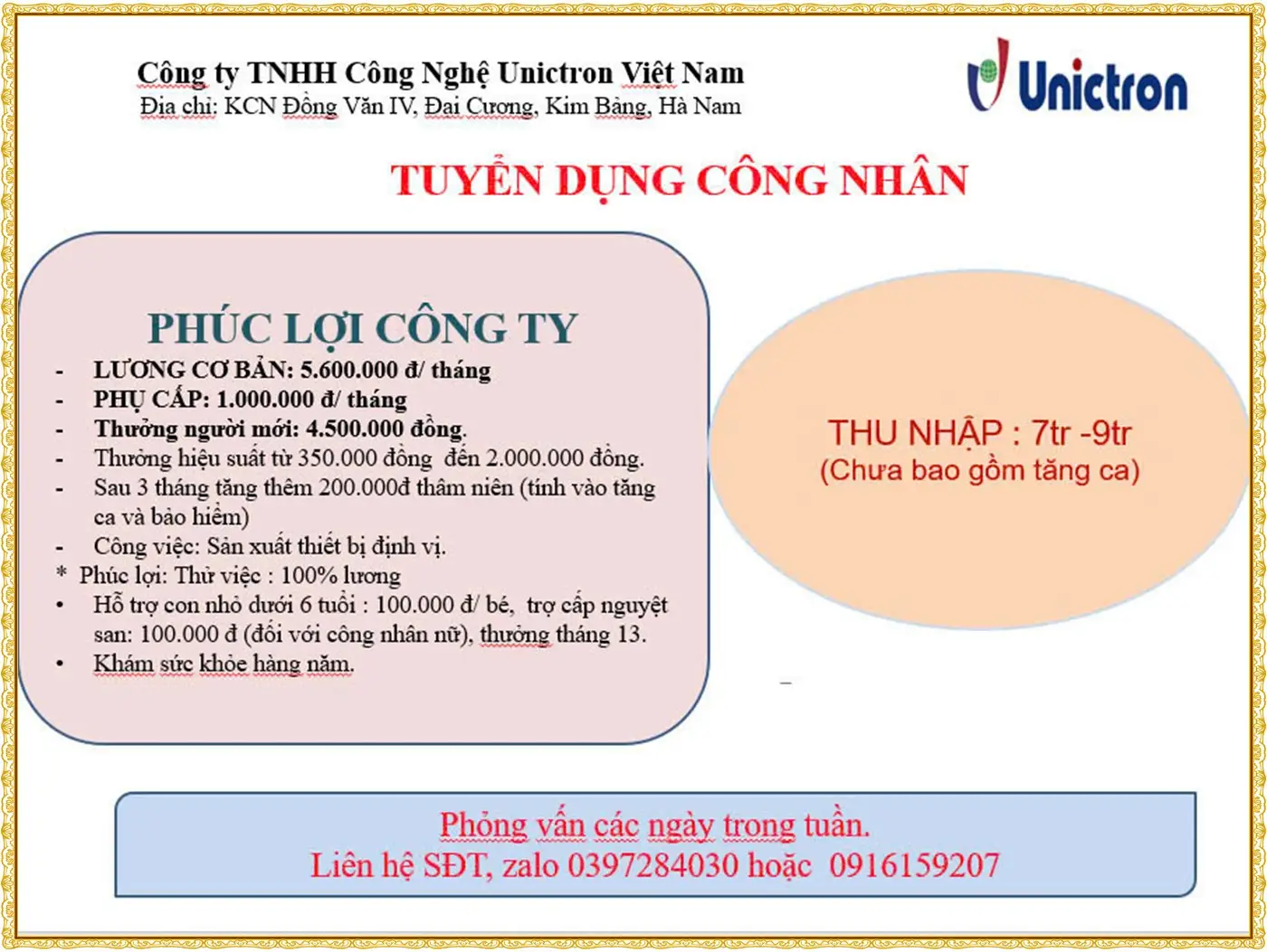 Tuyển công nhân tại KCN Đồng văn 4 Ninh Bình