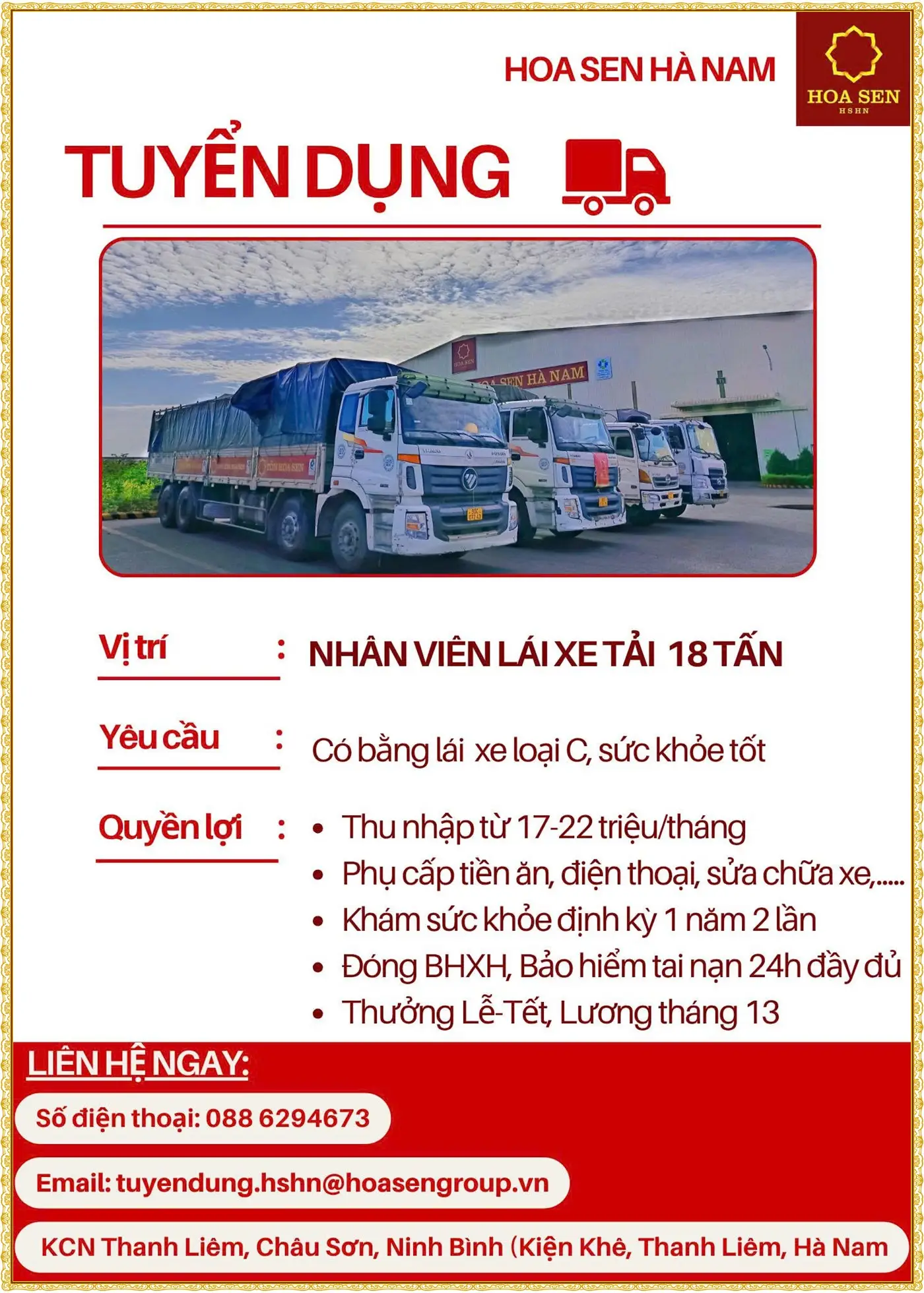Tuyển nhân viên lái xe tải ngành tôn tại Ninh Bình