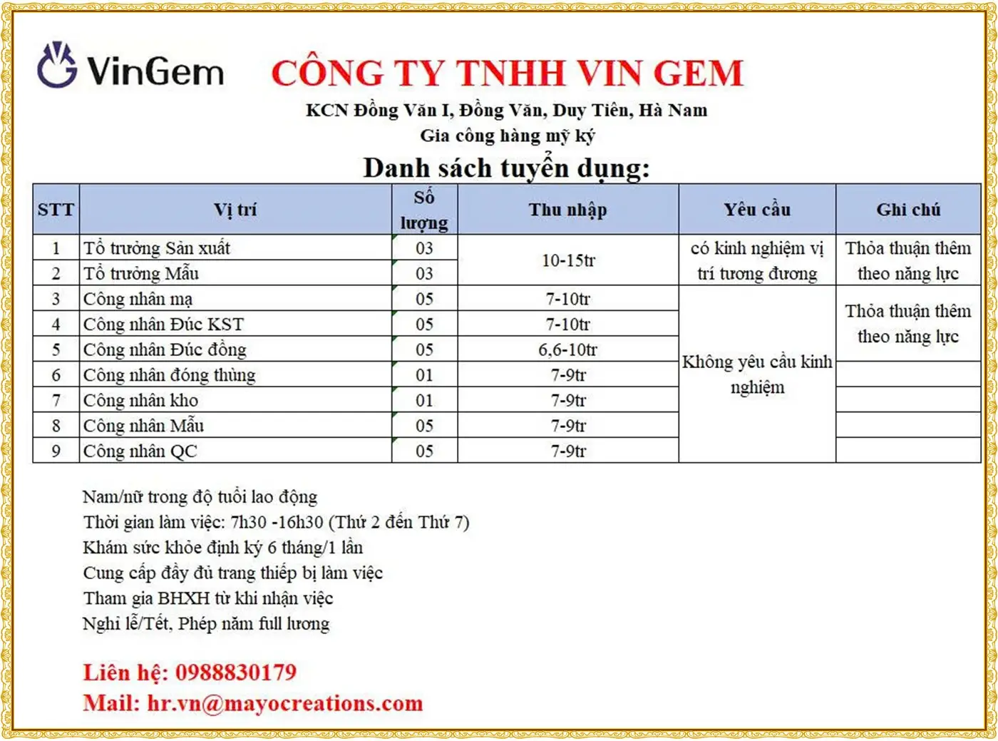 Tuyển tổ trưởng sản xuất, công nhân ngành mạ, đúc tại ninh bình