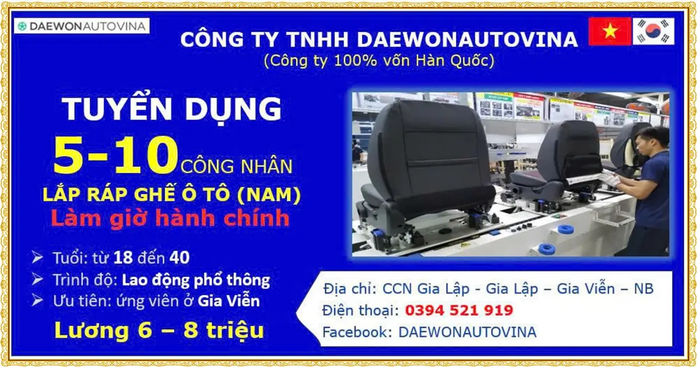 Tuyển 10 công nhân lắp ráp ghế ô tô