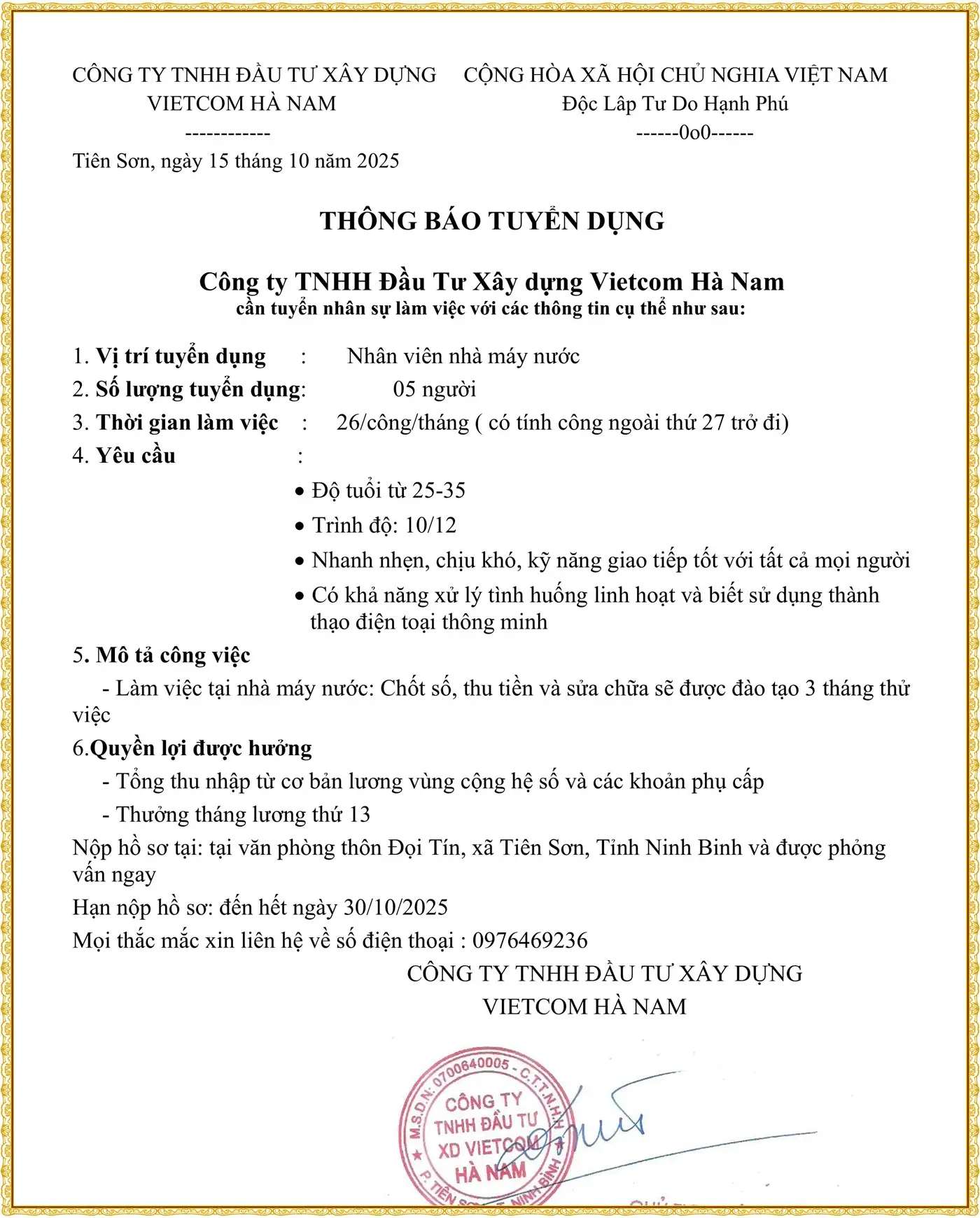 Ninh Bình tuyển nhân viên nhà máy nước