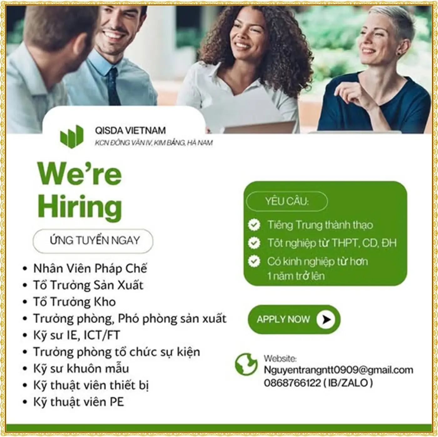 Tuyển nhân viên pháp chế, tổ trưởng sản xuất