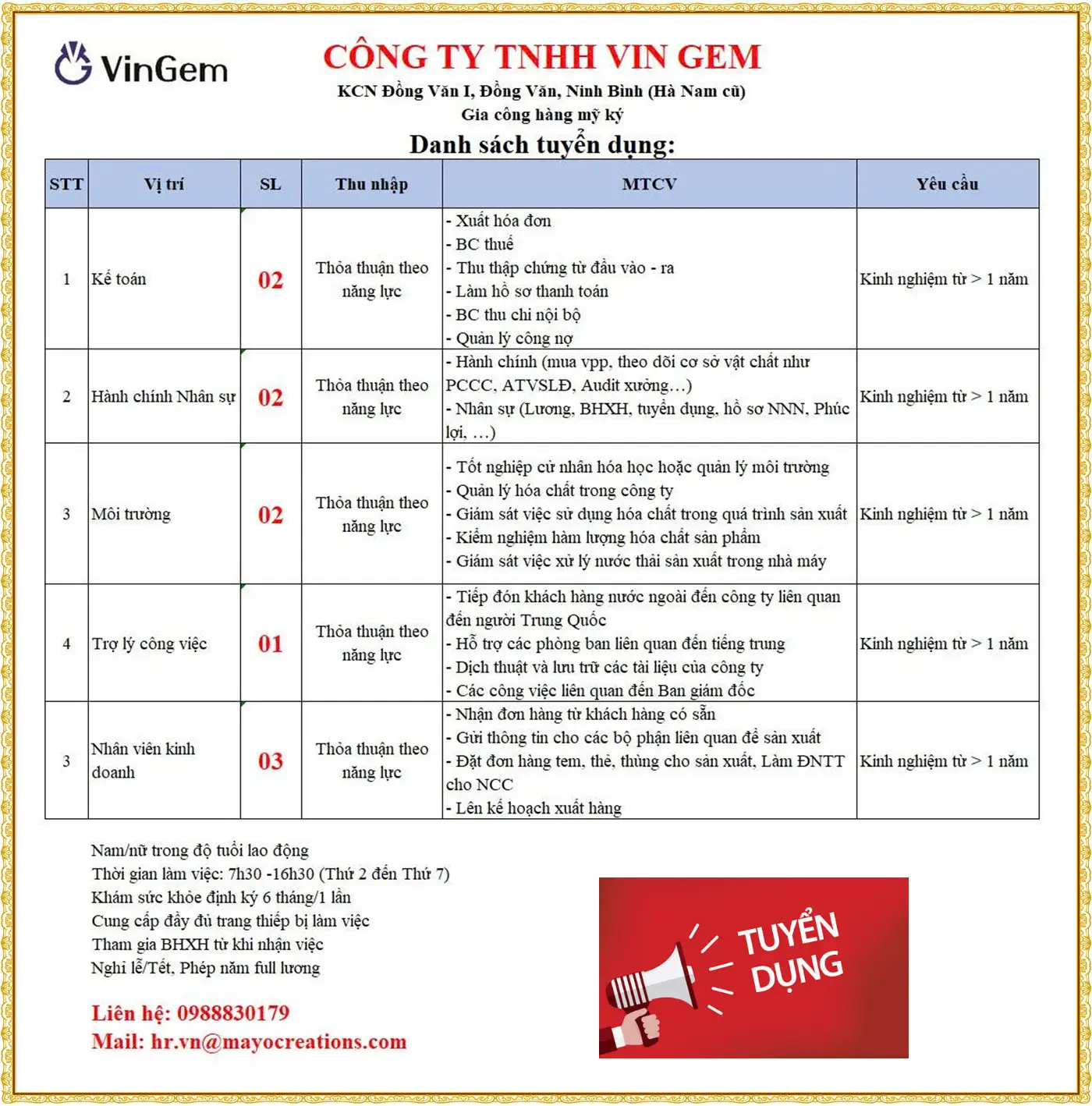 Tuyển nhân viên kế toán, hành chính nhân sự tại hninh bình