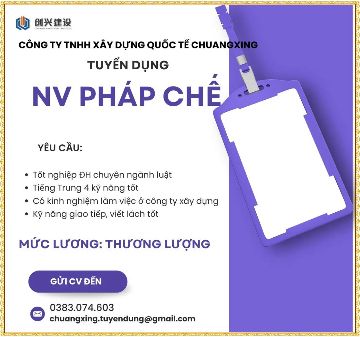 Tuyển nv pháp chế tại ninh bình