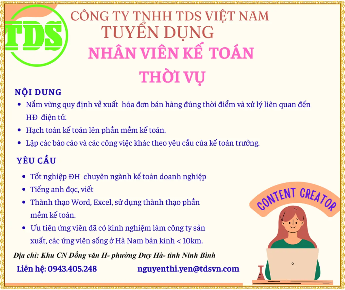 Kế toán thời vụ làm việc tại Ninh bình