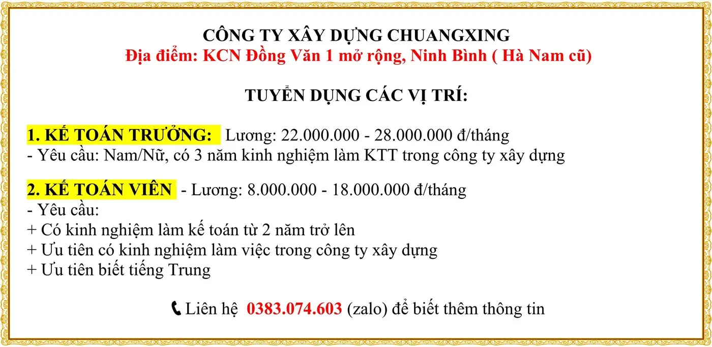 Ninh bình tuyển kế toán trưởng, kế toán viên