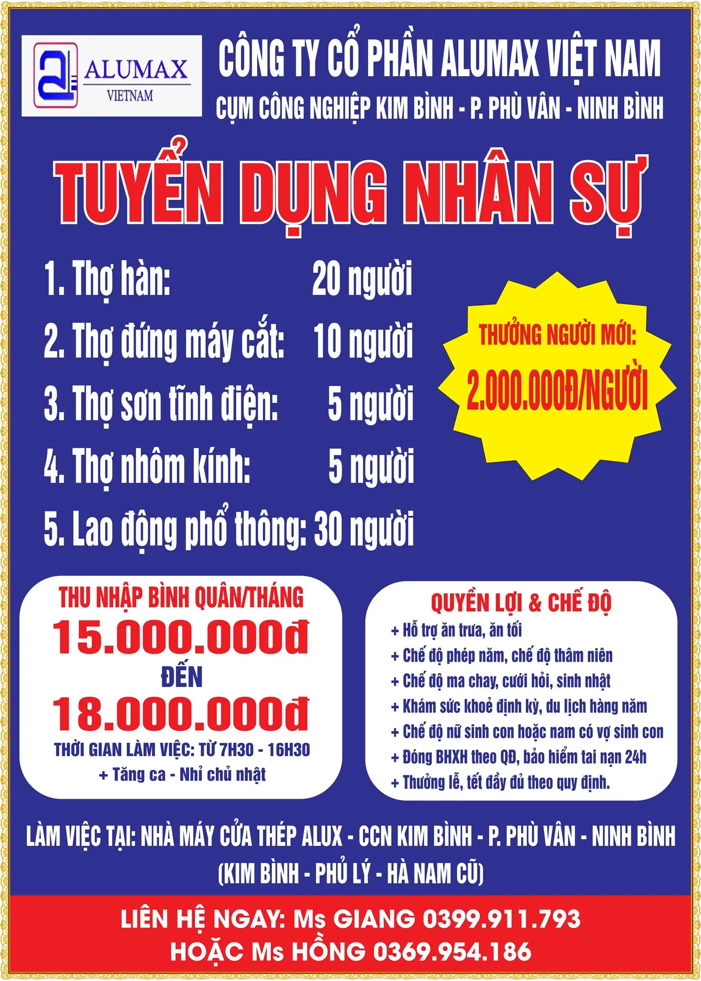 Ninh bình tuyển 20 thợ hàn, 30 lao động phổ thông