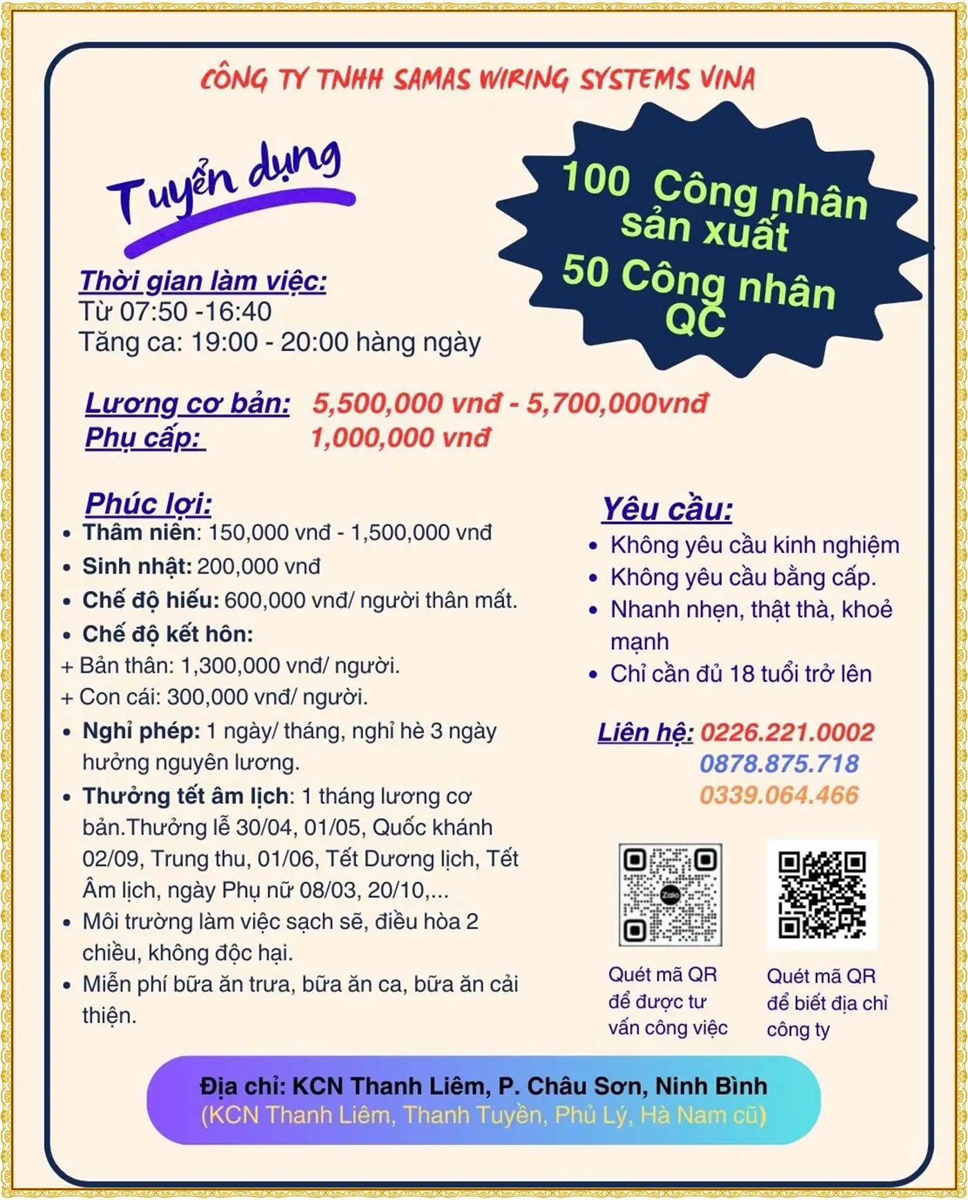 Tuyển gấp 100 công nhân sản xuất và 50 QC tại Ninh Bình