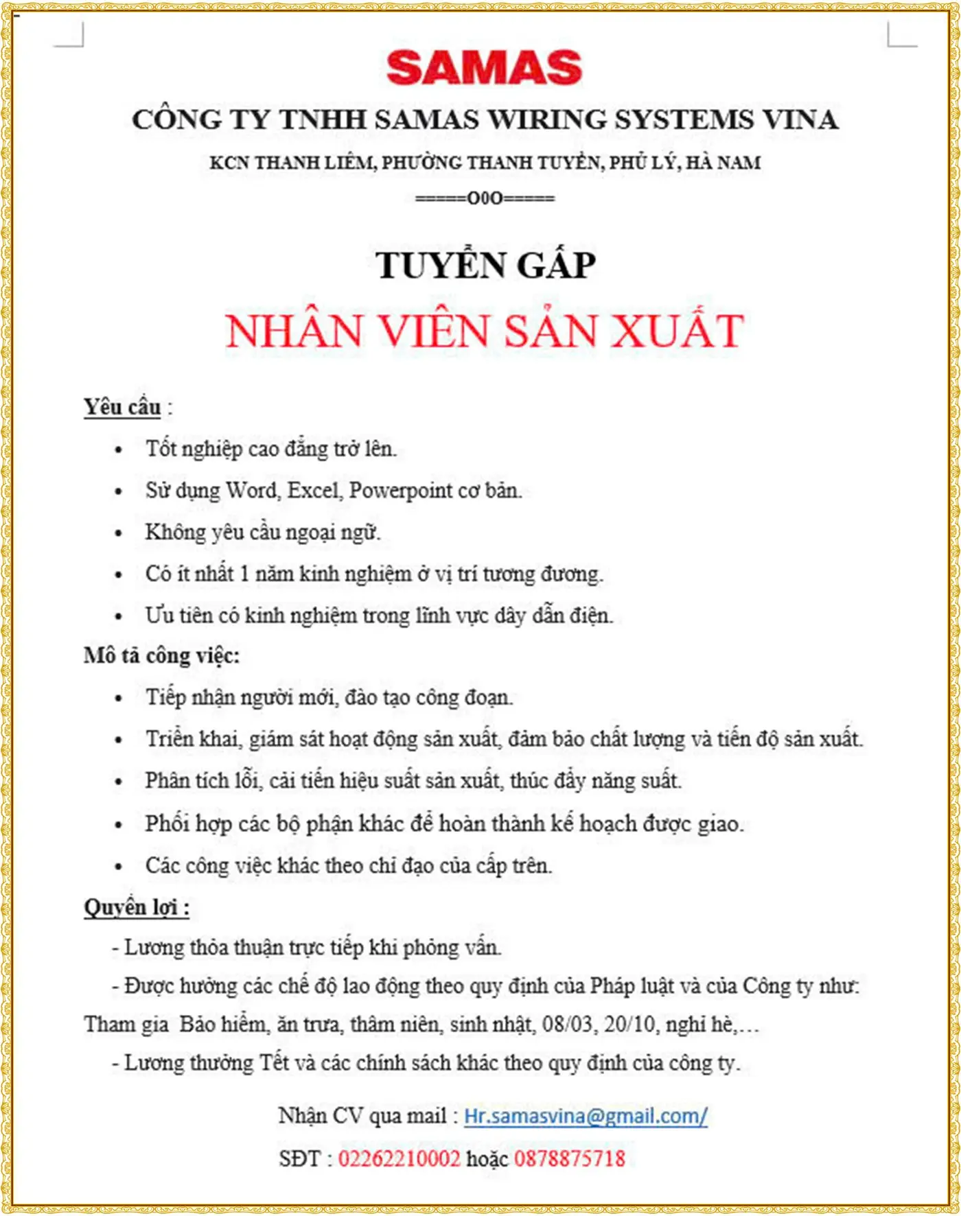 Ninh bình tuyển nhân viên sản xuất