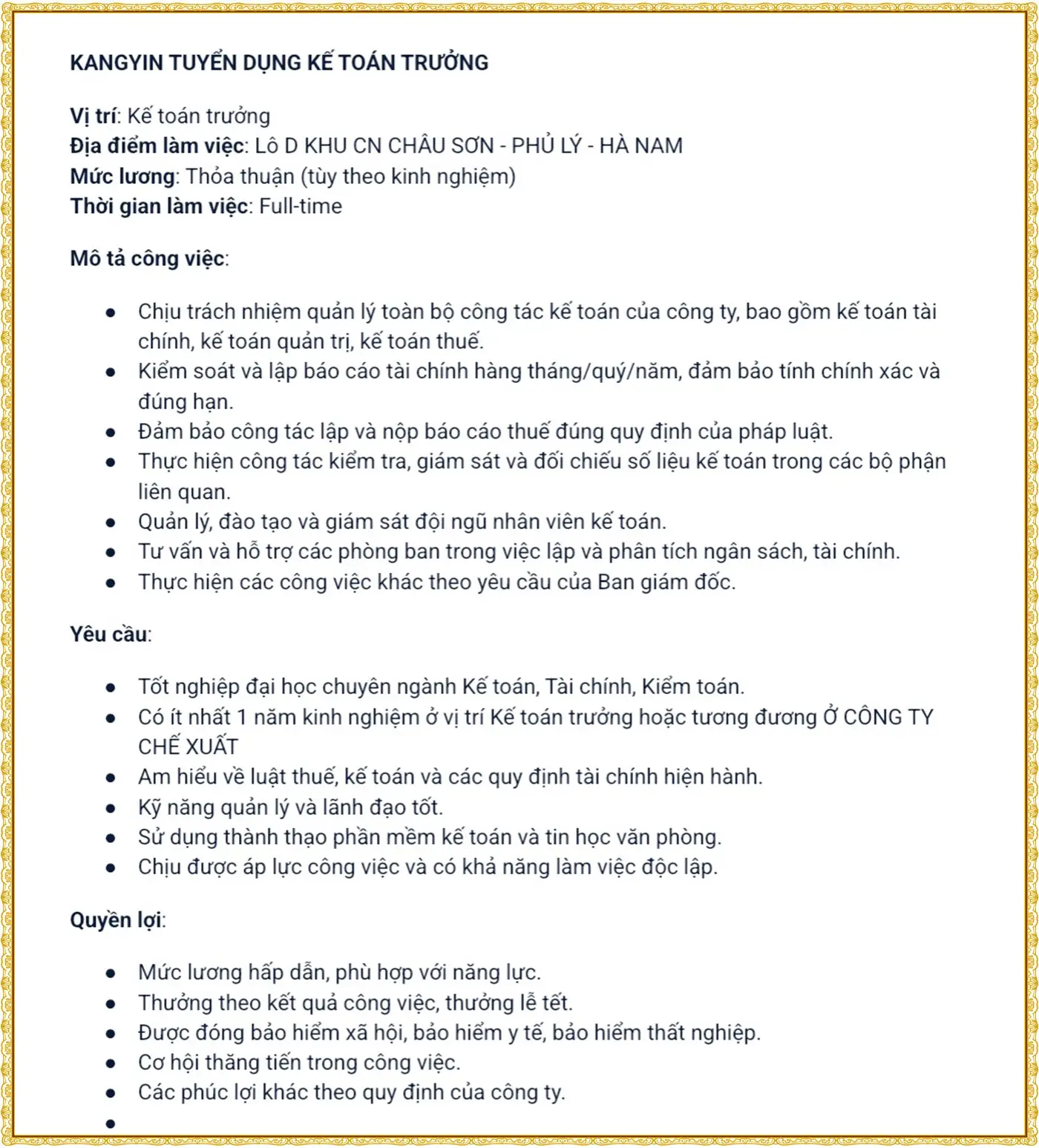 Ninh Bình tuyển kế toán trưởng lương cao