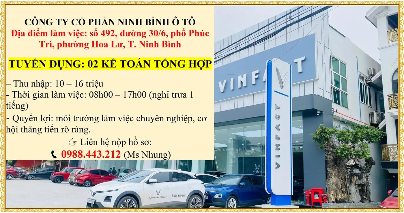 TUYỂN DỤNG: 02 KẾ TOÁN TỔNG HỢP tại Ninh Bình