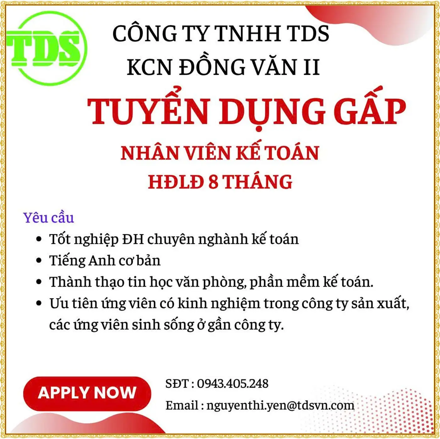 Tuyển gấp kế toán tại KCN Đồng Văn 2, Ninh Bình