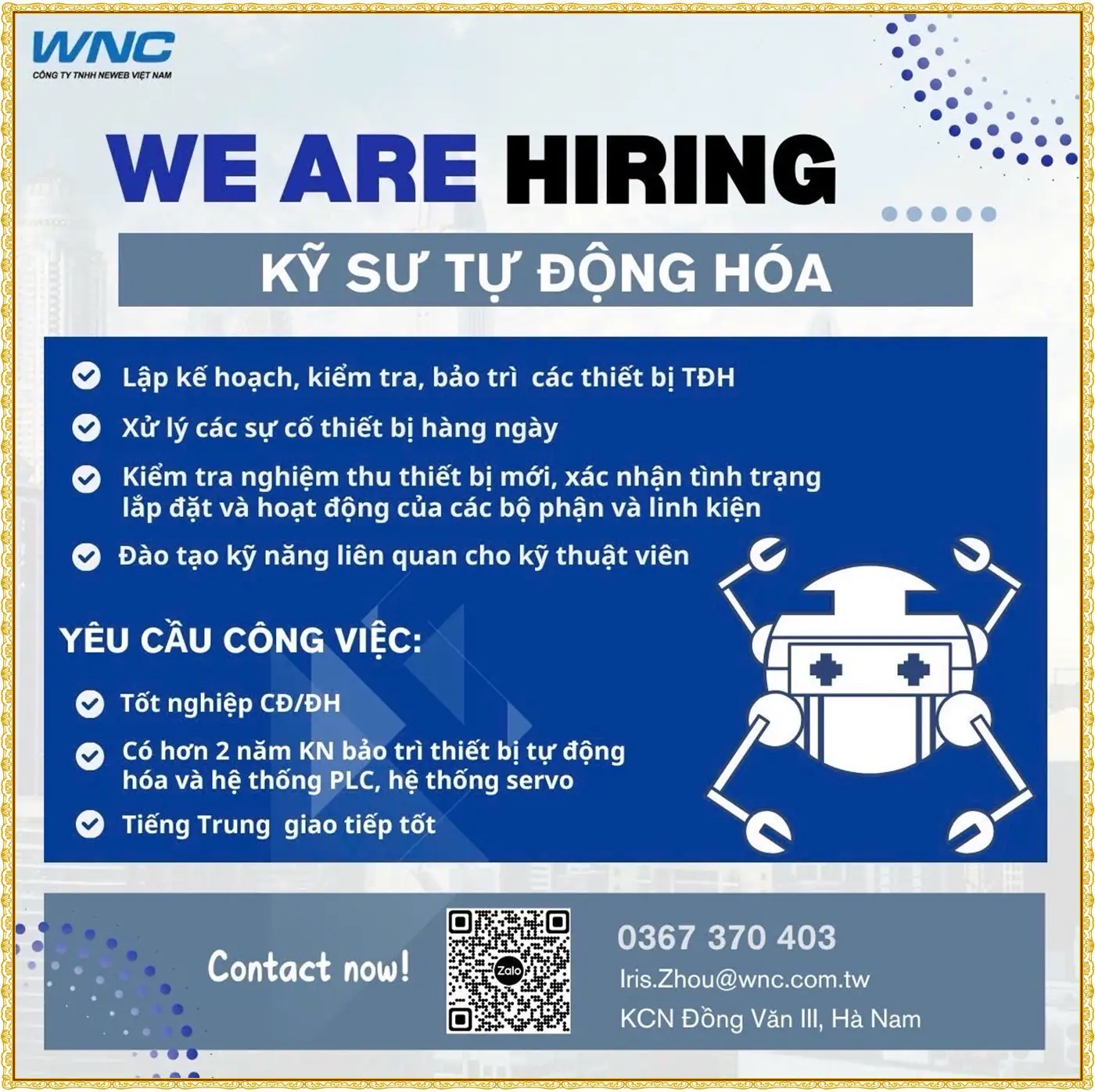 wnc, kcn đồng văn 3, Ninh Bình tuyển kỹ sư tự động hóa