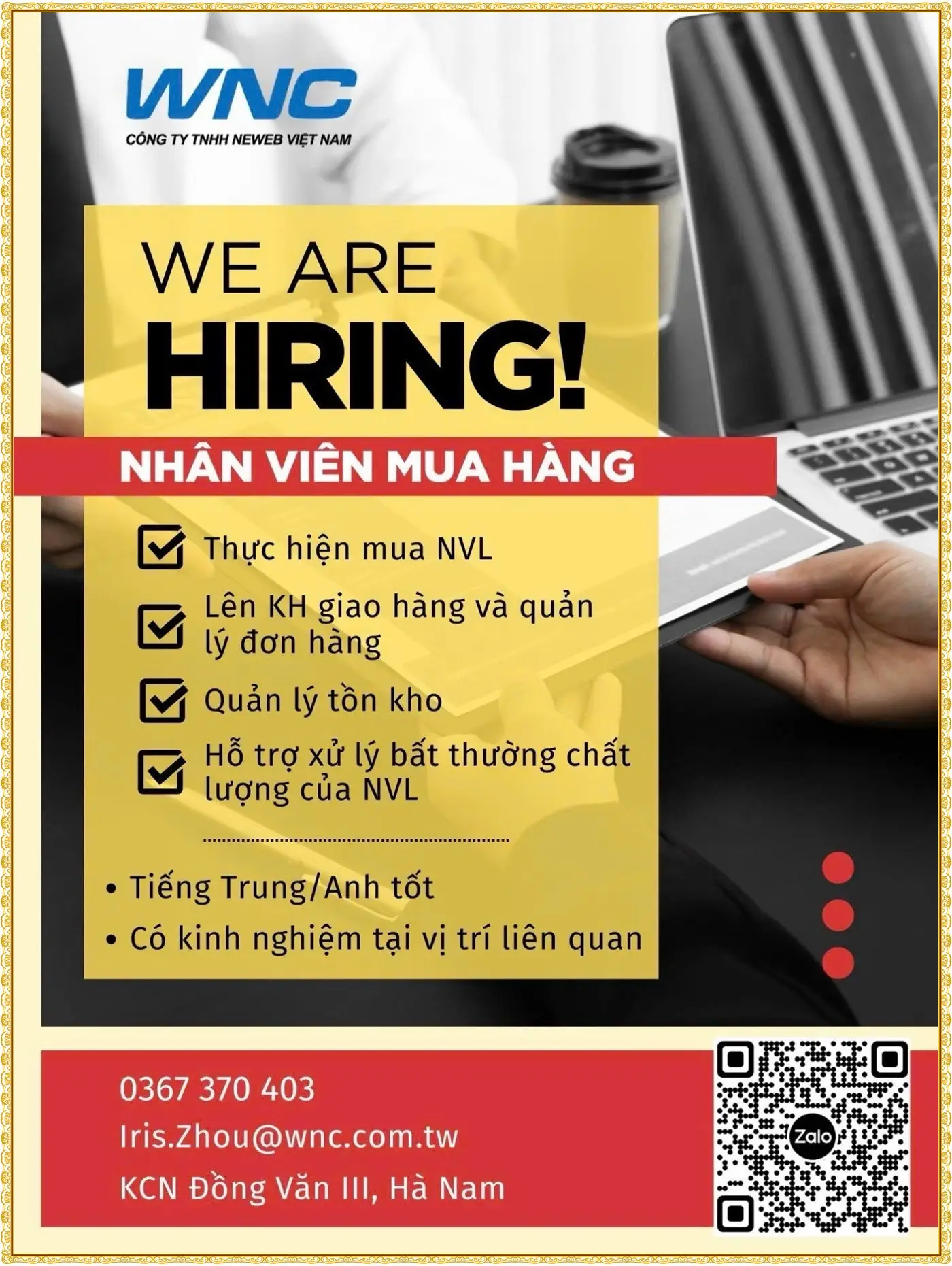 wnc, kcn đồng văn 3, Ninh Bình tuyển nhân viên mua hàng