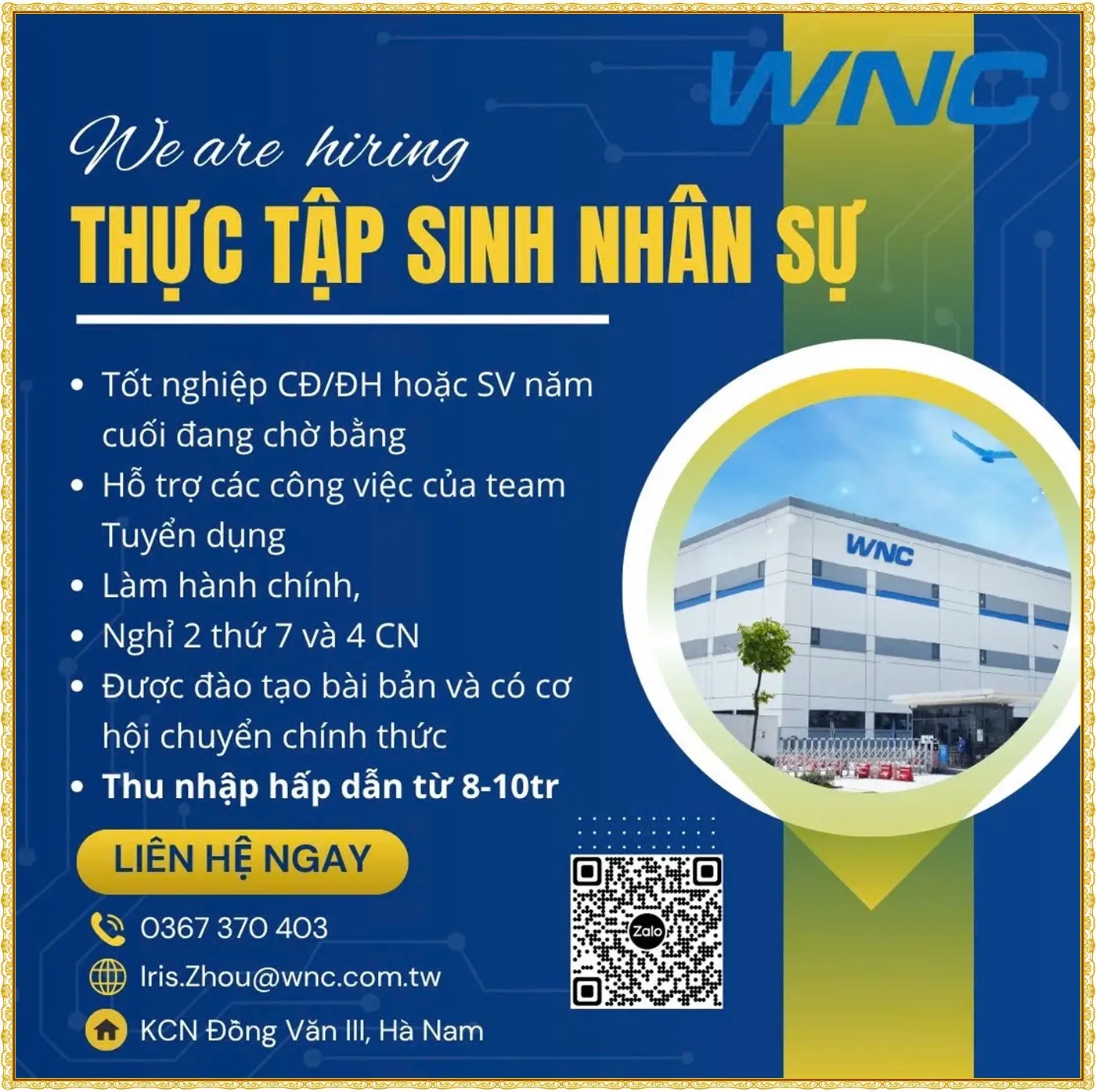 wnc, kcn đồng văn 3, Ninh Bình tuyển thực tập sinh nhân sự