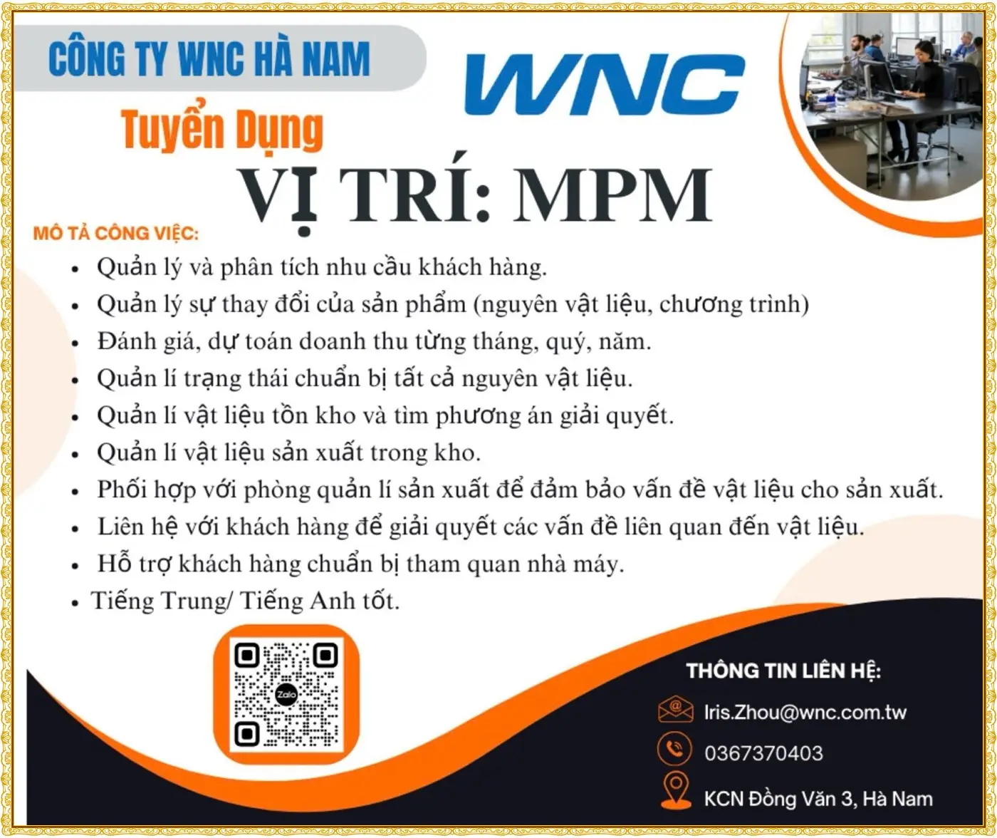 wnc, kcn đồng văn 3, Ninh Bình tuyển kỹ sư MPM