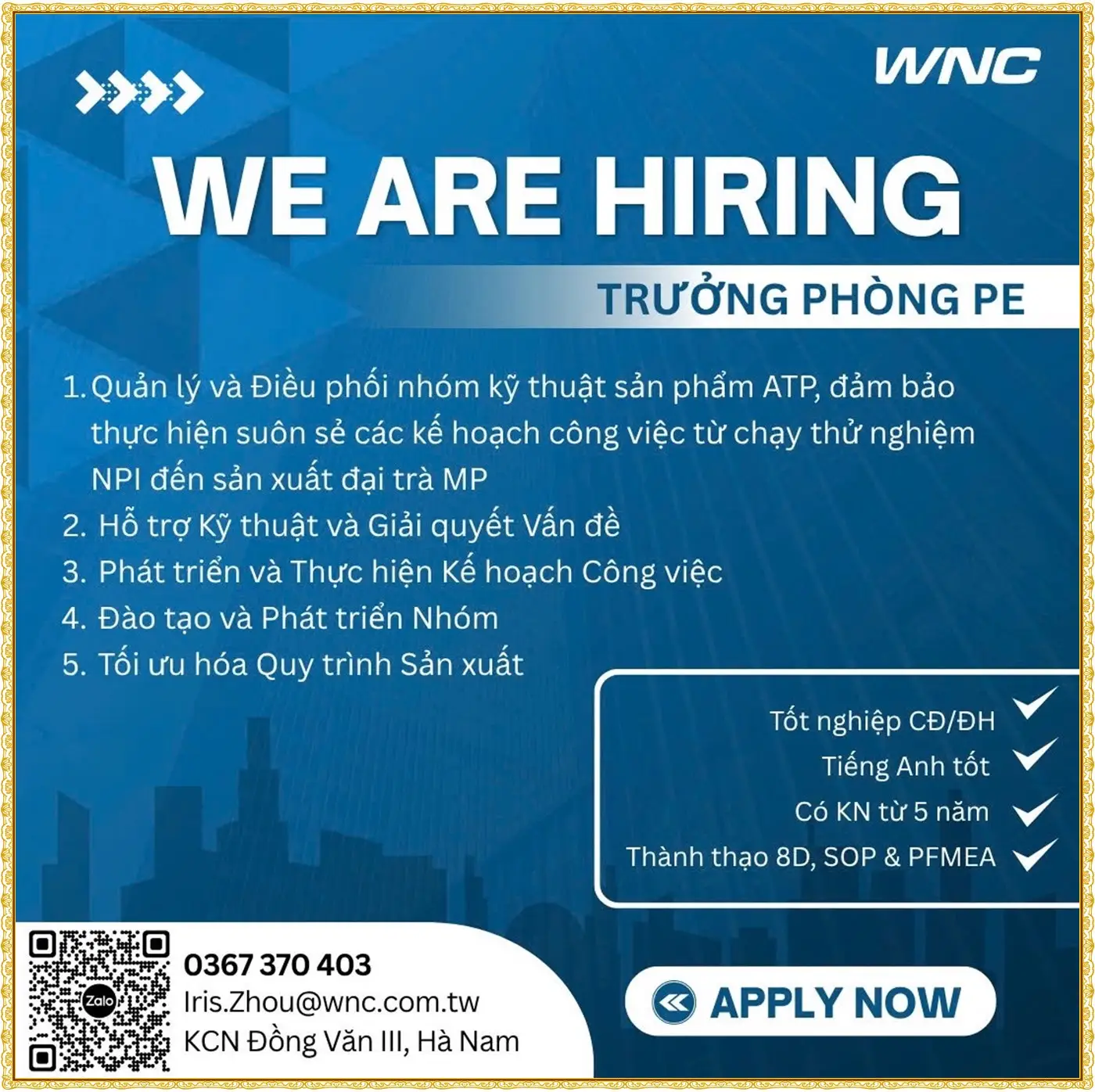 wnc, kcn đồng văn 3, Ninh Bình tuyển trưởng phong PE