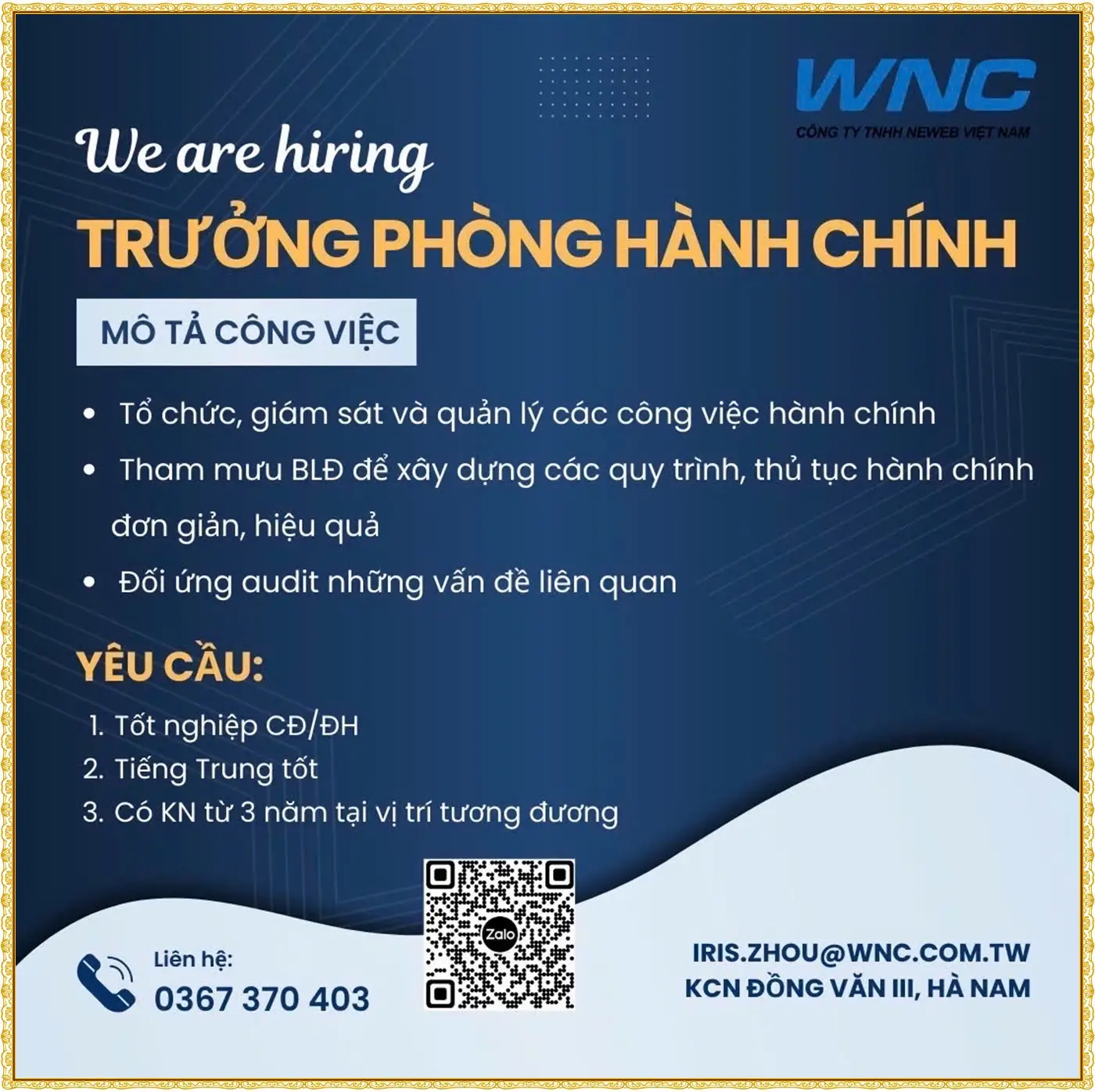 wnc, kcn đồng văn 3, Ninh Bình tuyển trưởng phòng hành chính