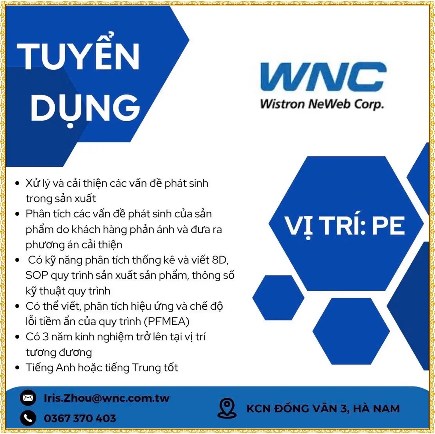 wnc, kcn đồng văn 3, Ninh Bình tuyển kỹ sư PE
