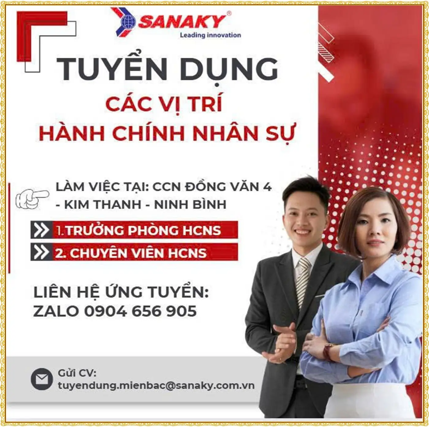Tuyển trưởng phòng và chuyên viên HCNS tại Ninh Bình