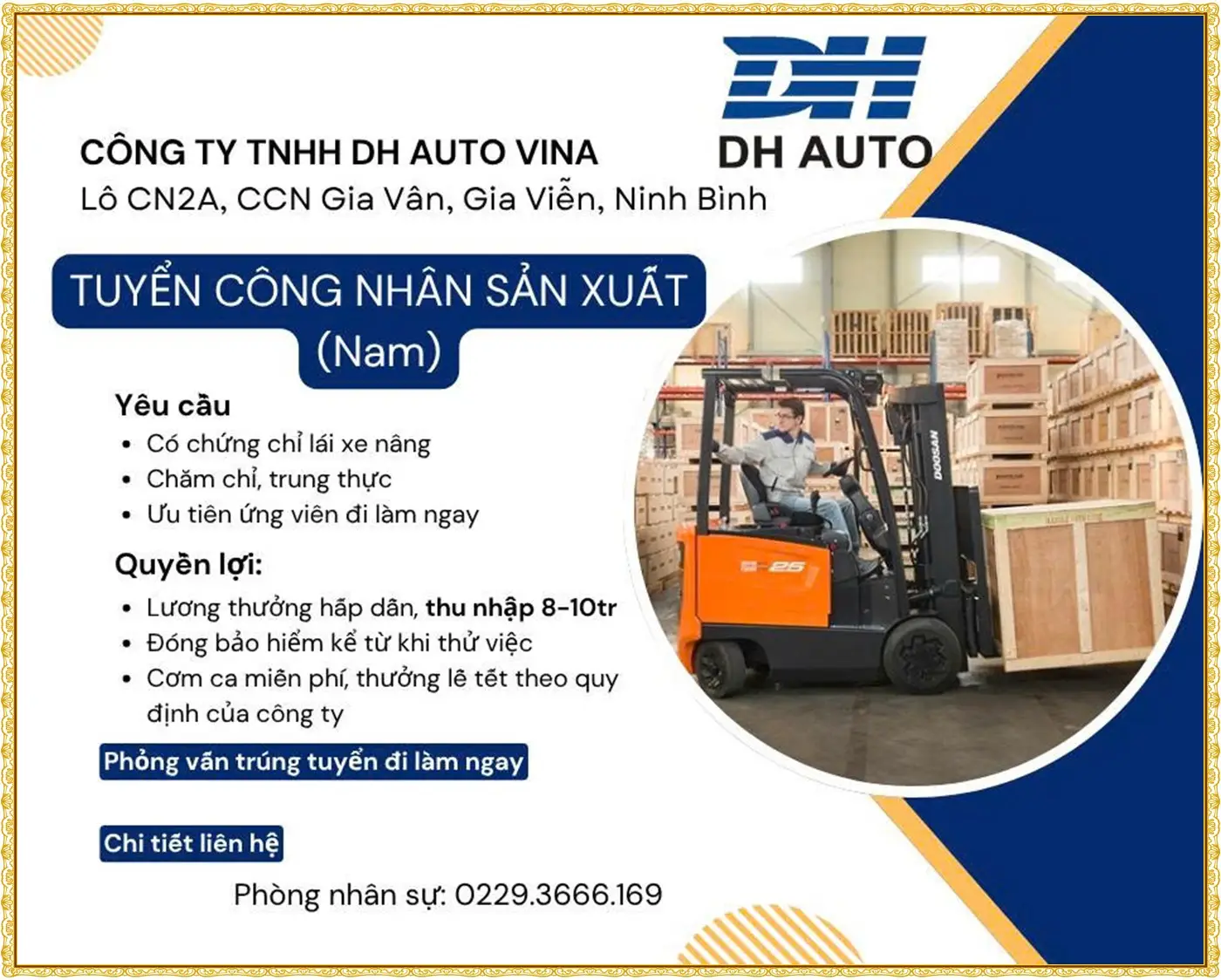 Gia Viễn Ninh Bình tuyển công nhân sản xuất (nam