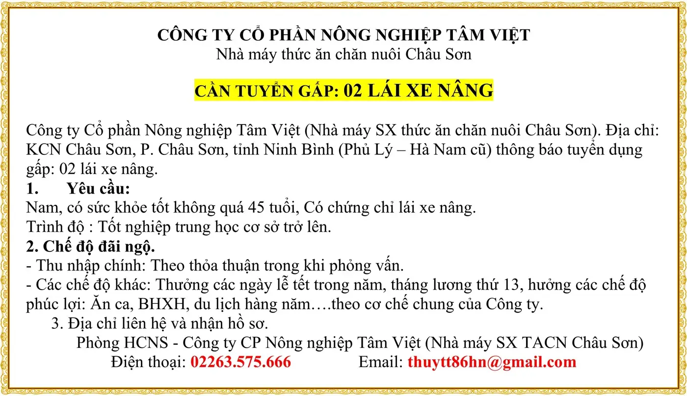 CẦN TUYỂN GẤP: 02 LÁI XE NÂNG tại Ninh Bình
