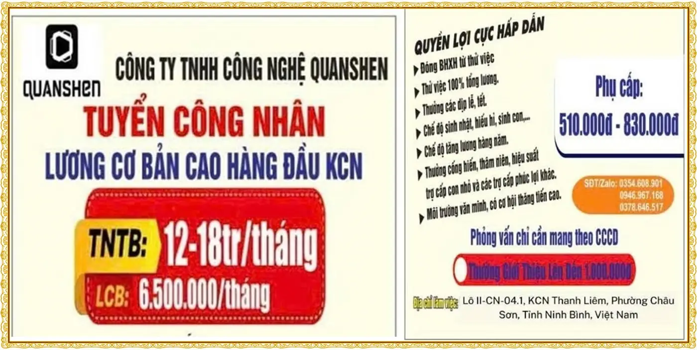 Ninh Bình tuyển Công nhân