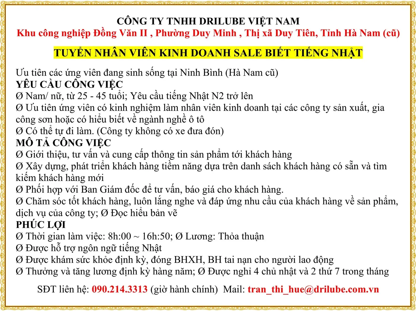 CÔNG TY TNHH DRILUBE VIỆT NAM tuyển dụng