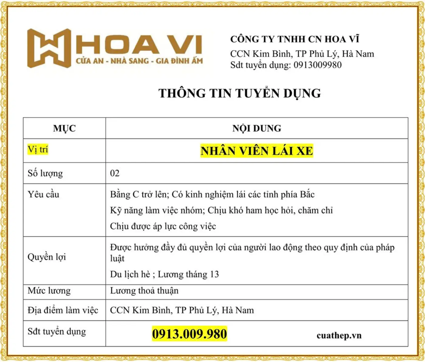 Công ty Hoa Vĩ Hà Nam tuyển nhân viên lái xe