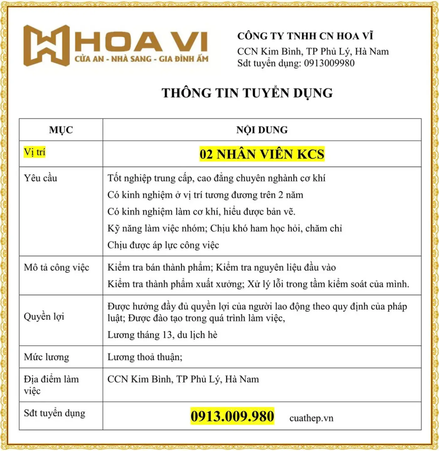 Công ty Hoa Vĩ Hà Nam tuyển nhân viên KCS