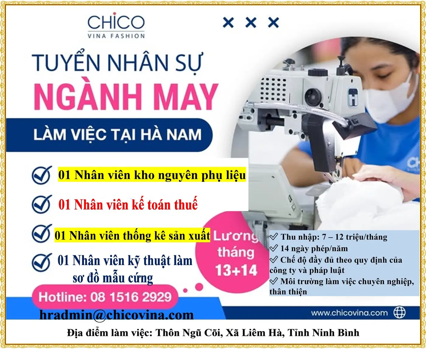 chico hà nam tuyển nhân sự ngành may